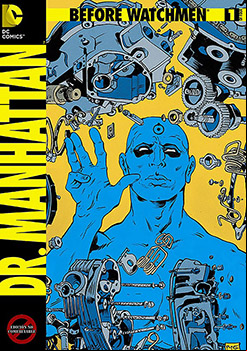 Dr. Manhattan, Watchmen, 1986. DC Comics.<br><br>Un superhéroe que adoptó su nombre inspirado en el proyecto que creó la bomba atómica. 