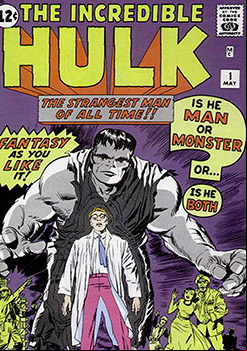 ‘The Incredible <br>Hulk‘ #1, 1962.<br>Marvel Comics.<br><br>Tras la detonación de una bomba experimental Banner se transforma en Hulk cuando está sometido a estrés emocional.